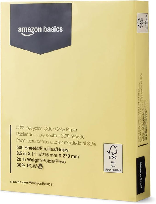 Amazon Basics 30% Recycled Color Copy Paper, 8.5" x 11", 20lb, 500 Sheets, Pastel Canary