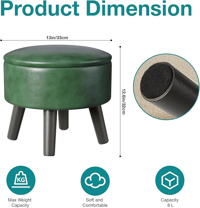 Small Foot Stool Ottoman with Storage, Faux Leather Ottoman Foot Rest for Couch, Round Footstool Ottomans for Living Room (Green)