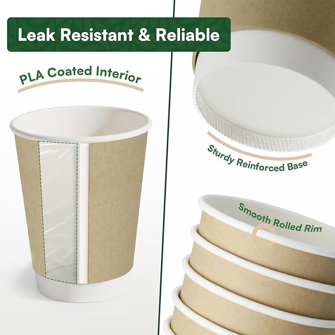 Compostable Coffee Cups with Lids 12 oz To Go Hot Cups,120 Pack Disposable Paper Cups with Lids, BPI Certified PLA Coated Natural Kraft Insulated Disposable Cups for Togo Office Coffee Bar Travel Home