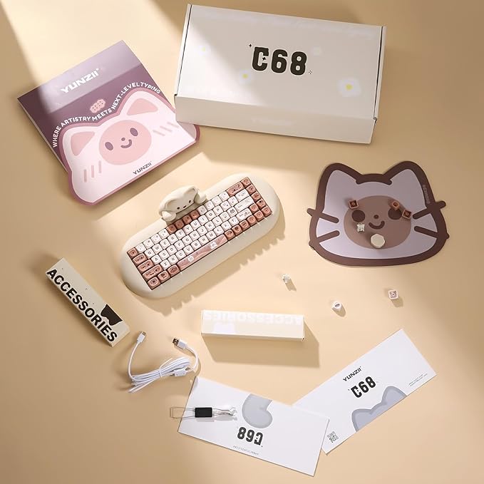 YUNZII C68 Wireless Mechanical Keyboard,65% Layout,Hot Swap,Triple Mode BT5.0/2.4G/Wired, RGB Backlit NKRO,Cute Cat Silicone Ergonomic Design for Win/Mac (Brown, Milk Switch)