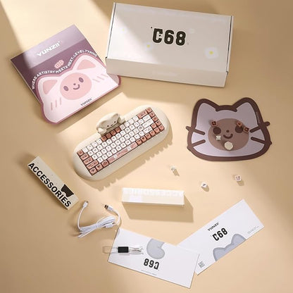YUNZII C68 Wireless Mechanical Keyboard,65% Layout,Hot Swap,Triple Mode BT5.0/2.4G/Wired, RGB Backlit NKRO,Cute Cat Silicone Ergonomic Design for Win/Mac (Brown, Milk Switch)