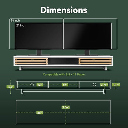 Dual Monitor Stand Riser with Sliding Door, Double Computer Laptop Stand Desk Shelf Organizer with Storage (White + Natural Bamboo, 38 Inch)