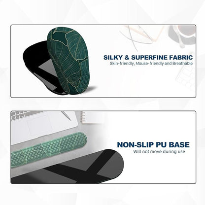 Ergonomic Mouse Pad and Keyboard Wrist Rest with Massage Design, Space-Saving Mouse Pad Wrist Support, Memory Foam Wrist Rest with Non-Slip PU Base for Computer Desk, Green Leaves