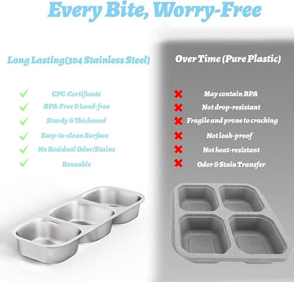 Stainless Steel Snack Containers for Kids Adults, 2 Pack 3 Compartment Metal Snack Containers Box with Lid, Reusable Food Storage Container, Leak Proof, Grab and Go, Blue