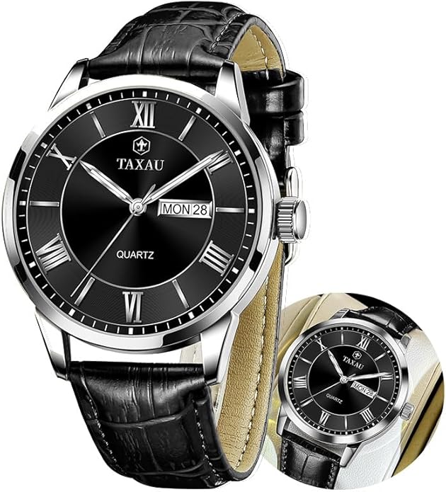 Men's Watch Big Face Easy Read Arabic Numeral Dress Watches for Men Classic Black Brown Leather Band Analog Mens Wrist Watch with Day and Date Fashion Business Waterproof Luminous Quartz Watch