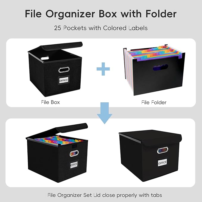 File Organizer Box with Folder, 25 Pockets Accordion File Organizer with Colored Labels, Upgraded & Portable File Folders for Home, Office, School, Black