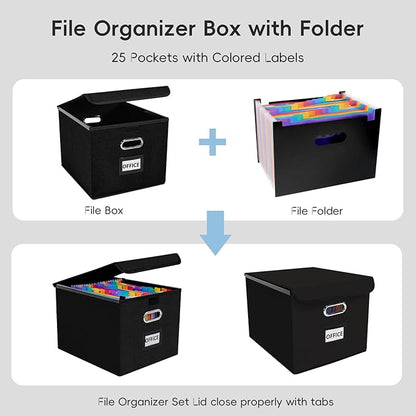 File Organizer Box with Folder, 25 Pockets Accordion File Organizer with Colored Labels, Upgraded & Portable File Folders for Home, Office, School, Black