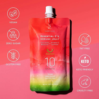 EVERYDAZE Essential C’s Konjac Jelly | Watermelon | Vegan Collagen Peptides and Vitamin C | Gluten Free, Sugar Free, Low Calorie | Healthy Drinkable Fruit Snack | 10 Pack Box Food Drink Pouch