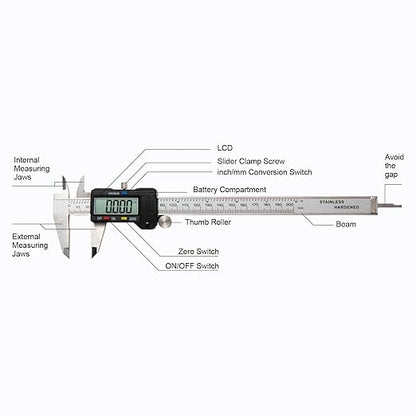 Digital Caliper 0-8" Measuring Tool with Metal Ruler, Micrometer Caliper with Auto-Off Feature, Interchangeable Between inches and millimeters for DIY/Household and 3D Printing, Black