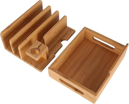 Bamboo Wood Multi-Device Desktop Charging Dock Station Charger Holder Cradle Charge Stand Compatible iPhone 16 15 14 13 Pro Max iPad Mini Pro Air Apple Watch Ulrta 10 9 8 7 6 5 4 3 2 iWatch Smartphone