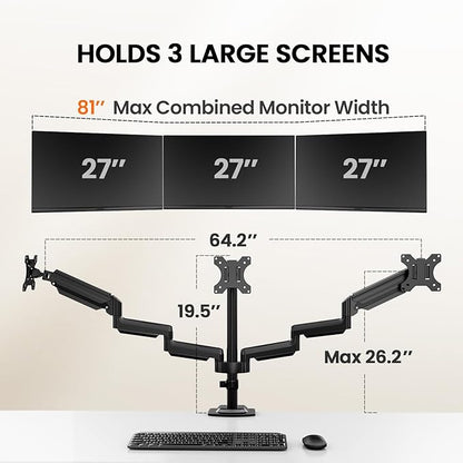ErGear Triple Monitor Mount for 13-27 inch Screens, Premium Aluminum Triple Monitors Stand up to 17.6 lbs, Sturdy 3 Monitor Desk Mount with Swivel, Tilt, Rotation, Max VESA 100x100mm