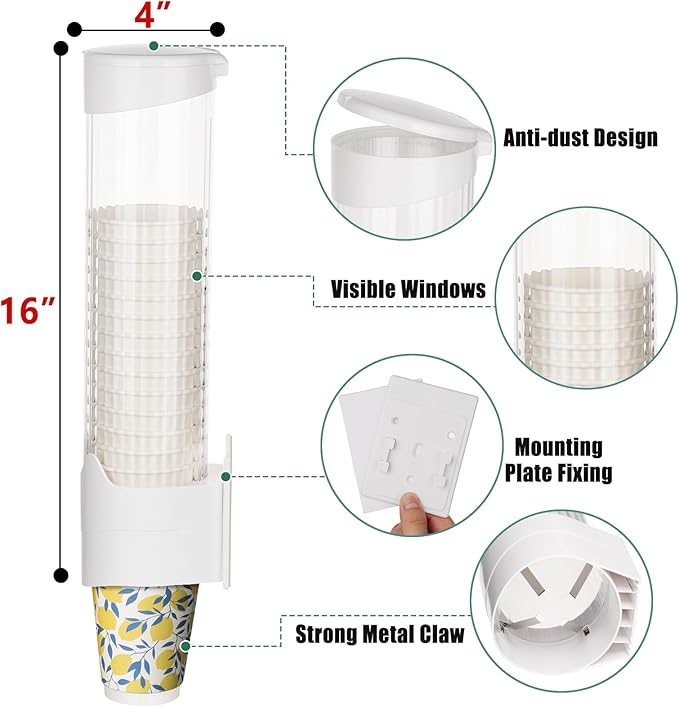 MYITYARD Large Cup Dispenser, Wall Mount Water Cooler Cup Dispenser Fits 10oz - 16oz Disposable Paper and Plastic Cups, Pull Type Cup Holder for Home Office Hospital Gym, Magnetic Mounting, White