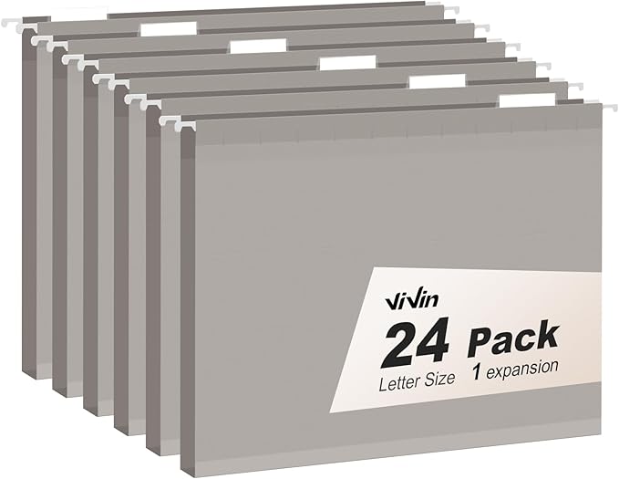 ViVin Hanging File Folders, 1/5-Cut Adjustable Tabs with 24 Per Box, 1 Inch Expansion, 24 Pack Letter Size Hanging File Folders, Designed for Office Home School Filing Cabinet(Gray)