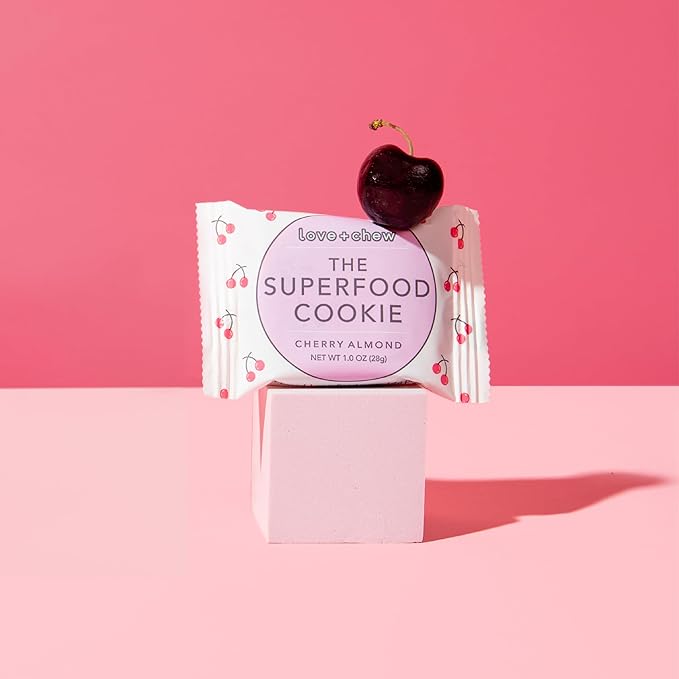 Love + Chew Superfood Soft Baked MINI Cookies, Cherry Almond Flavor, Plant Based Cookie Made With Chia Seeds, Almonds & Cherries for Kids and Adults, Vegan Snacks, Gluten Free, Paleo, Non GMO, 18 Pack