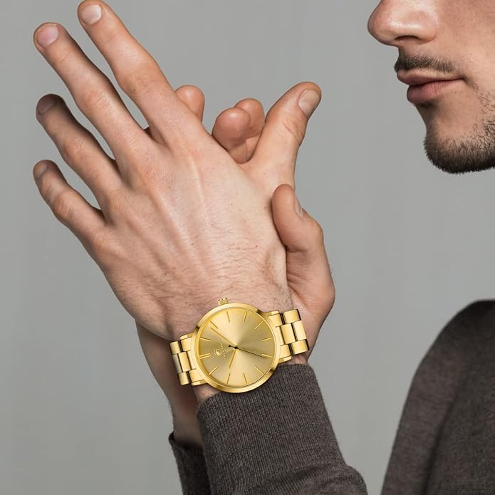 GOLDEN HOUR Men's Watches Slim Minimalist Runway Plated Stainless Steel Quartz Analog Watch