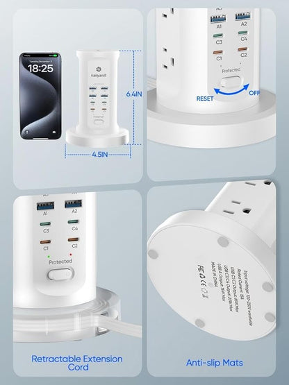 115W USB Charging Station, Surge Protector Power Strip Tower, 9 AC Outlets with 8 USB Ports(4 USB-C), 6Ft Flat Plug Retractable Extension Cord, for Home Office Dorm, White