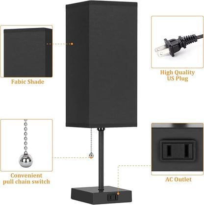 Table Lamp for Bedroom set of 2,3-Color Bedside Lamps with Pull Chain Table Lamps for Nightstand with AC Outlets,18'' Night Light Lamps with 2 Bulbs Lamps for Living Room Kids Office Decor（Black）