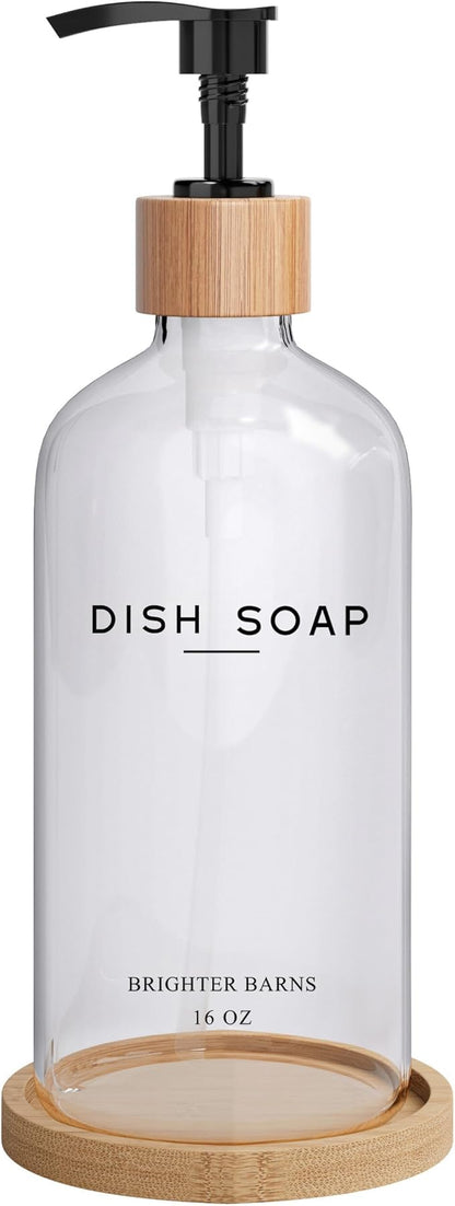 Clear Glass Dish Soap Dispenser by Brighter Barns - Kitchen Sink Set With Bamboo Tray - Modern Decor and Accessories, Minimalist Neutral Home (Clear)
