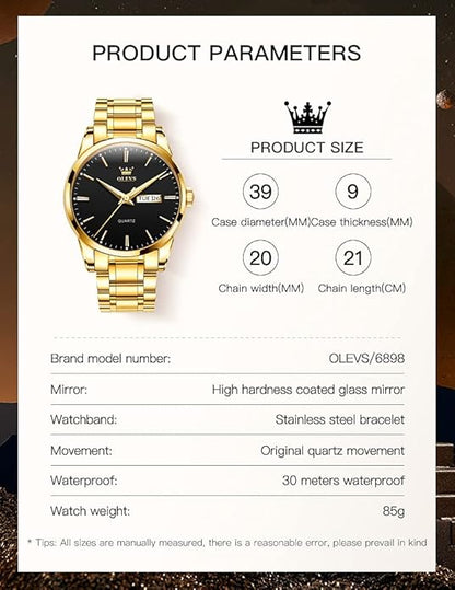 OLEVS Men's Luxury Watch Waterproof Luminous Easy Read Chronograph Watches Full Gold/White Dail/Black Face with Calendar Wristwatch