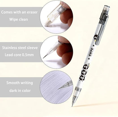 12Pcs Cute Black Mechanical Pencils with Eraser 0.5mm Kawaii Cartoon Mechanical Pencil School Pencil Gifts for Women Man