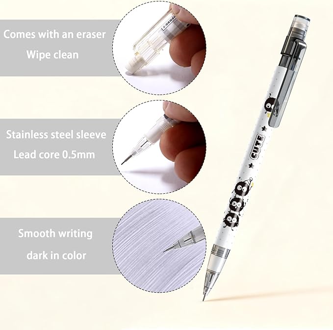 6Pcs Black Cute Mechanical Pencils with Eraser 0.5mm Kawaii Cartoon Mechanical Pencil School Pencil Gifts for Women Man