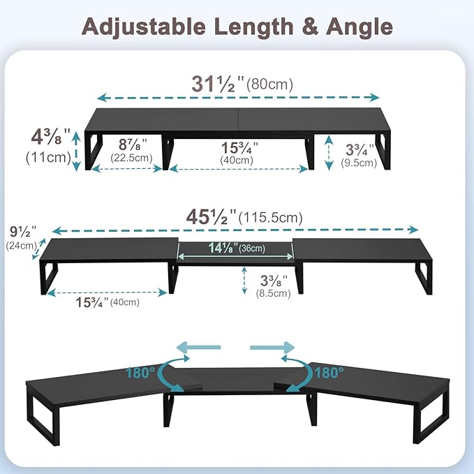 TEAMIX Dual Monitor Stand Riser for 2 Monitors, Wood & Metal Stand Adjustable Length/Angle Shelf Triple Monitor Stand for Screens/PCs/Printers/Laptops Desktop Organizer