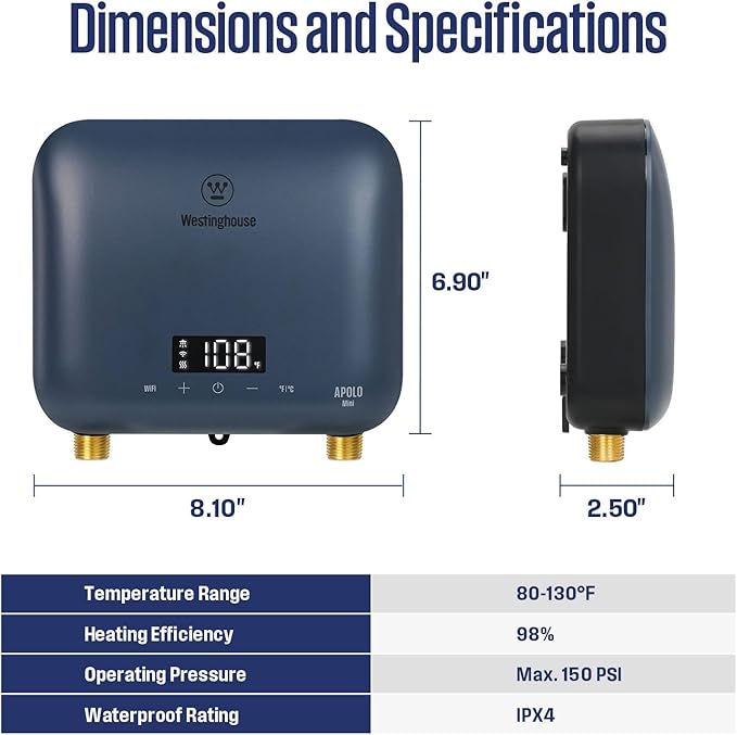 Westinghouse Apolo Mini 6.5kW Tankless Water Heater Electric, 240V Instant Hot Water, Smart WiFi Control, Compatible with Alexa & Google Home, Deep Blue