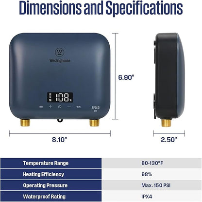 Westinghouse Apolo Mini 6.5kW Tankless Water Heater Electric, 240V Instant Hot Water, Smart WiFi Control, Compatible with Alexa & Google Home, Deep Blue