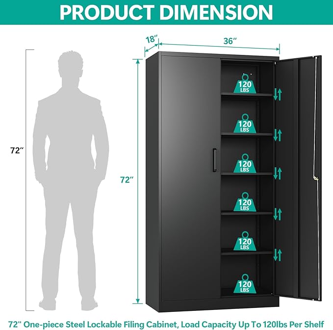 SISESOL Wide & Deep Metal Storage Cabinet with 2 Doors and 6 Shelves,72x36x18 Garage Storage Cabinet,Tall Black Locking Metal Cabinets with Lock,Steel Locked Cabinets for Home,Office,Garage,School