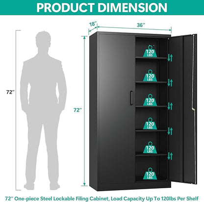 SISESOL Wide & Deep Metal Storage Cabinet with 2 Doors and 6 Shelves,72x36x18 Garage Storage Cabinet,Tall Black Locking Metal Cabinets with Lock,Steel Locked Cabinets for Home,Office,Garage,School