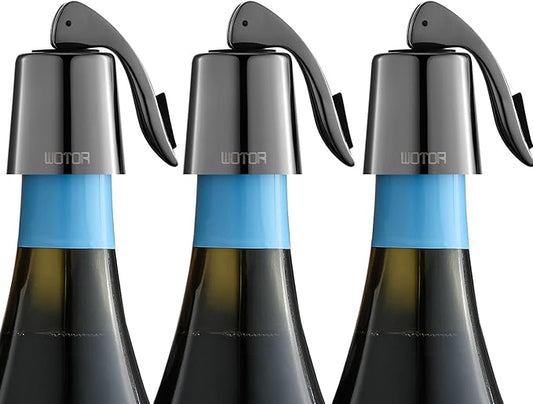 WOTOR Wine Stoppers Stainless Steel Wine Bottle stopper Plug with Silicone Reusable Wine Saver Leak proof Keep Fresh Metalblack 3 Pack