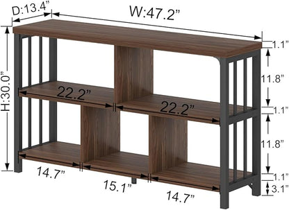 IBF Horizontal Bookshelf, Industrial 5 Cube Storage Organizer Open Shelf, Modern Wide Book Shelf for Bedroom Living Room, Rustic Wood and Metal Low Short Bookcase for Home Office, Walnut Oak, 47 Inch