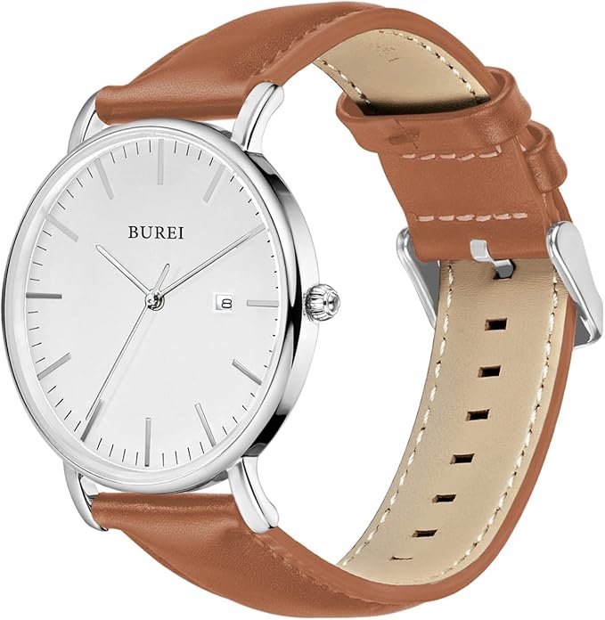 BUREI Men Watches Brown Leather Fashion Minimalist Wrist Watch Simple Ultra Thin Waterproof Quartz Watches All Black Stainless Steel Mesh Band,Gift for Men Women