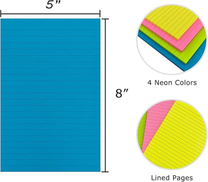 16 Pads Lined Sticky Notes 5 x 8 in, Bright Colors, Colorful Large Sticky Notes with Lines Self-Stick Note Pads for Office School Supplies, 50 Sheets/Pad,16 Pads, 800 Sheets Total, 4A 5084-N-Lx4