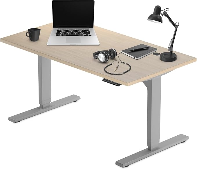Progressive Desk Stand Up Height Adjustable Electric Standing Desk - 55" x 28" with Dual Motor, 3 Stages Sit Stand Table for Home Office - Bright Beech, Gray Frame
