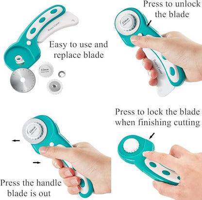 Rotary Cutter Set - Quilting Kit incl. 45mm Fabric Cutter, 5 Replacement Blades, A2 Cutting Mat, Acrylic Quilting Ruler and Sewing Clips, Craft Knife Set, Ideal for Crafting, Sewing, Patchworking