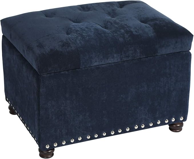 Adeco High End Classy Tufted Accents Rectangular Storage Bench Ottoman Footstool, Blue 24" * 17.5" * 17.7"