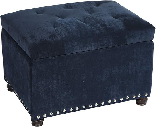 Adeco High End Classy Tufted Accents Rectangular Storage Bench Ottoman Footstool, Blue 24" * 17.5" * 17.7"