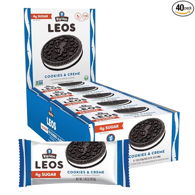 Rip Van LEOs - Cookies and Cream Sandwich Cookies - Low Sugar Snack Cookies - Low Carb Snack - Diabetic Snacks - 40 Low Sugar Cookies (10 Packs of 1.69oz)