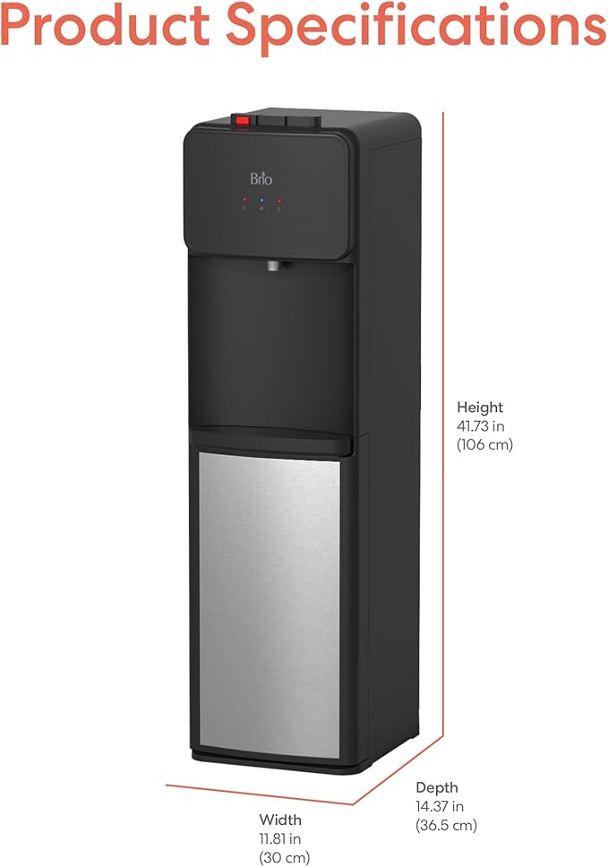 Brio CLTL130SS 130 Series Top-Load Water Cooler Dispenser for 3- and 5-Gallon Bottles, Hot & Cold, Spill-Free Loading, Child Safety Lock, Energy Star 3.0, Black & Stainless