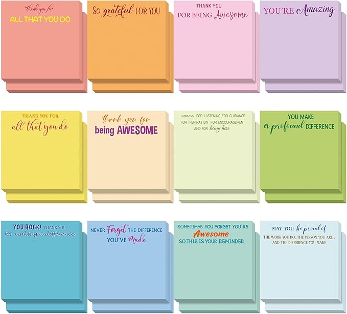 Yinder 24 Pcs Employee Appreciation Sticky Notes Xmas Gift Bulk Motivation Note Pads Mini Inspirational Note Gift for Teacher Nurse Staff Coworker Office Supply 3 x 3'' (Appreciation,Colorful)