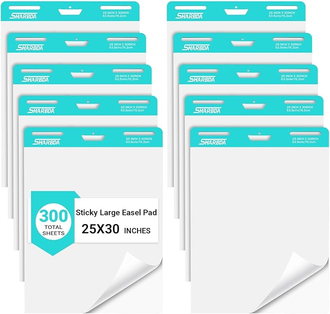 Sticky Easel Pad, 25 in x 30 in,Flip Chart, Chart Paper for Teachers, Large Self-Stick Easel Paper,Super Sticky & Bleed-Resistant,30 Sheets/Pad,10 Pads
