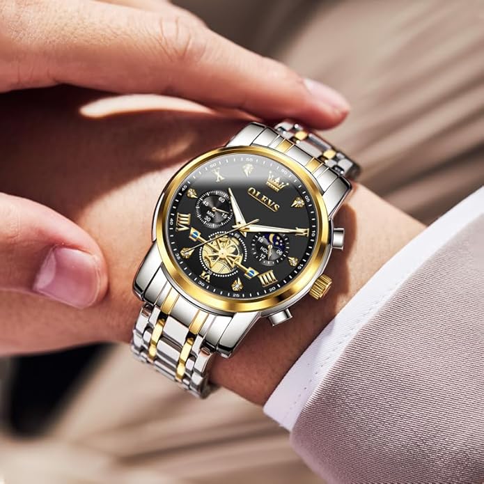 OLEVS Men Silver Watches,Men's Stainless Steel Chronograph Watch,Man Analog Quartz Big Face Male Watches Luxury Waterproof Roman Numeral Dress Diamond Relojes para Hombre