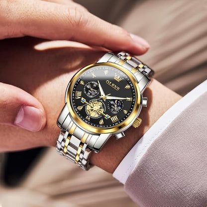 OLEVS Men Silver Watches,Men's Stainless Steel Chronograph Watch,Man Analog Quartz Big Face Male Watches Luxury Waterproof Roman Numeral Dress Diamond Relojes para Hombre