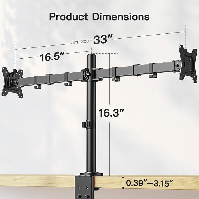 ErGear Dual Monitor Desk Mount for 13″–34″ Monitors up to 26.5 lbs, Fully Adjustable Monitor Stand Holds 2 Computer Screens, Heavy-Duty Dual Monitor Arm with C-Clamp & Grommet Base, Black, EGCM13B