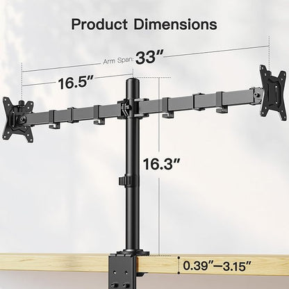 ErGear Dual Monitor Desk Mount for 13″–34″ Monitors up to 26.5 lbs, Fully Adjustable Monitor Stand Holds 2 Computer Screens, Heavy-Duty Dual Monitor Arm with C-Clamp & Grommet Base, Black, EGCM13B