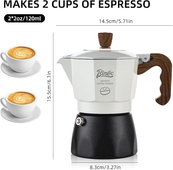 Bincoo Espresso Maker Stovetop - 2 Cup/120ML Small Stove Top Espresso Italian Coffee Maker, Camping Moka Pot (White-black)