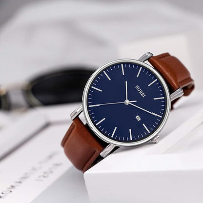 BUREI Men Watches Brown Leather Fashion Minimalist Wrist Watch Simple Ultra Thin Waterproof Quartz Watches All Black Stainless Steel Mesh Band,Gift for Men Women
