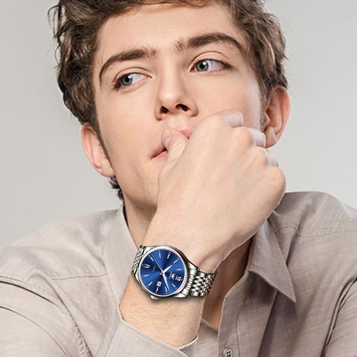OLEVS Mens Watch Stainless Steel Analog Quartz Watches for Men Day Date Easy Read Diamond Waterproof Dress Luxury Classic Casual Big Face Blue/Black/Gold/Silver Roman Arabic Numerals Men's Wrist Watch