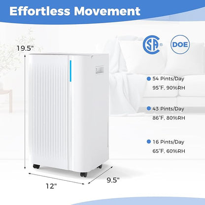 COSTWAY 54 Pints Dehumidifier for Basement, 4500 Sq.Ft Portable Dehumidifier with Drain Hose, 1.1 Gal Water Tank, 3 Modes, 24 H Timer, 3-Color Light, Auto Defrost, Memory, Child Lock